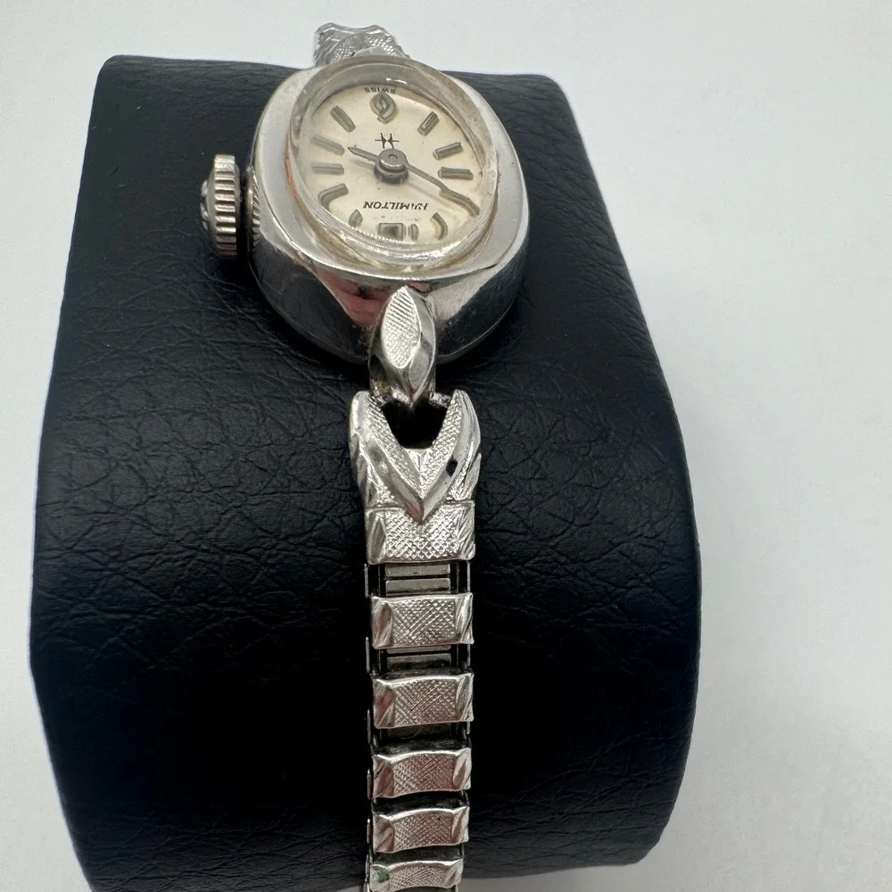 Hamilton Vintage Womens Cocktail Watch 10K RGP Bezel Silver Tone Oval Working